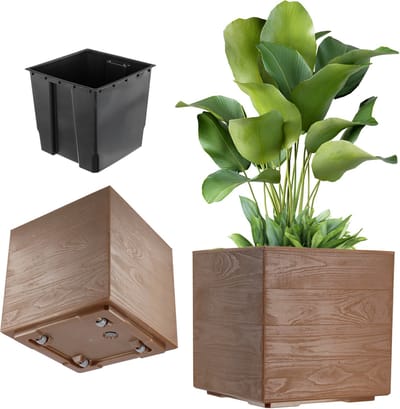 KADAX plantenbak op wielen, 39 x 40 cm, grote plastic bloempot met moderne betonlook, vierkante bloempot voor terras en tuin (bruin)