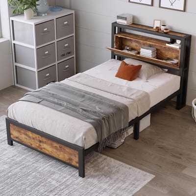 Bed met Opbergruimte - Eenpersoonsbed Metaal - Ruimte Besparen - Geïntegreerde Hoofdbordplanken - 90 x 200 cm - Natuurlijk
