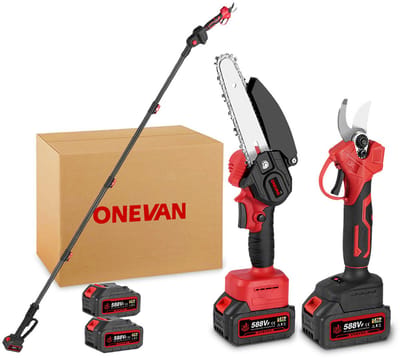 ONEVAN Telescopische kettingzaag met 2x Accu's - Borstelloze motor - 6 Inch- Kettingzaag - Snoeizaag - 30 mm elektrische tuinschaar - max. bereik tot 2 m