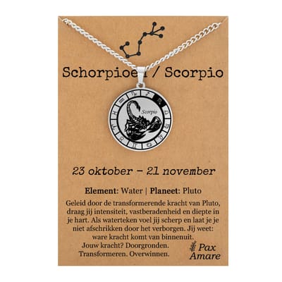 Schorpioen / Scorpio Sterrenbeeld Ketting op Cadeau Kaartje - Zilverkleurig - RVS - Spiritueel Cadeau - 60cm - Pax Amare