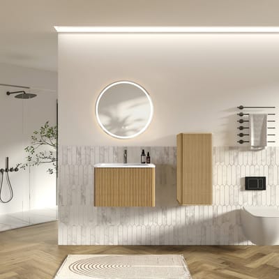 HAUSS SPOLE Badkamermeubelset - Wandhangend Met LED Spiegel En Wastafel - Modern Voor Kleine Badkamers - MDF En Glas - Eikenkleur