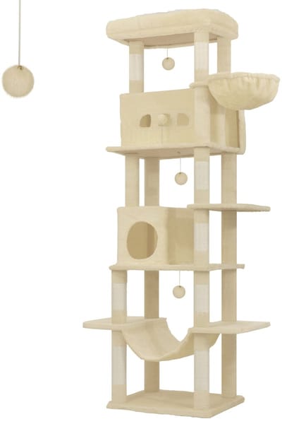 Krabpaal - Grote Kattentoren - 210 cm - 8 krabpalen, 4 pompons - Beige - Katten - Thuis - Binnen