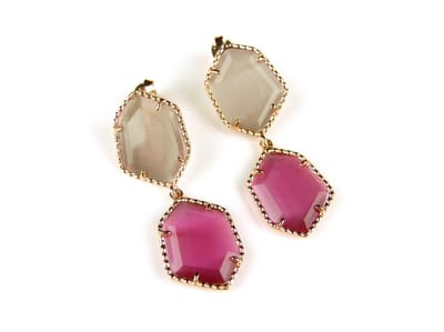 Zilveren oorringen oorbellen roos goud verguld Model Hexagon met bruine en roze stenen