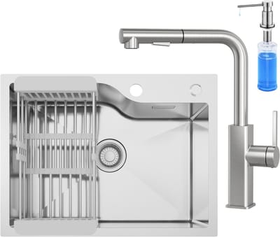 Anycee MAX Spoelbak RVS (60x45CM) - Spoelbak Met Kraangat - Spoelbak Keuken Met Keukenkraan en Zeepdispenser 300ML - Enkele Spoelbak Met Afdruiprek - Incl. Sifon en Afvoerzeefje