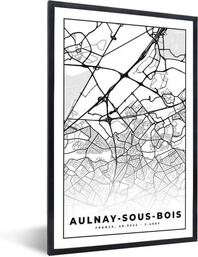 Fotolijst incl. Poster Zwart Wit- Frankrijk - Plattegrond - Stadskaart - Aulnay-sous-Bois - Kaart - Zwart wit - 40x60 cm - Posterlijst