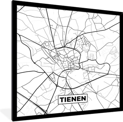 Fotolijst incl. Poster Zwart Wit- Stadskaart – Zwart Wit - Kaart – Tienen – België – Plattegrond - 40x40 cm - Posterlijst