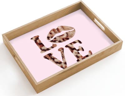 Dienblad hout 40x30 cm - Schootdienblad - Tekst - Love - Pantervacht - Lichtroze - Borrelplank rechthoek - Plateau dienbladen