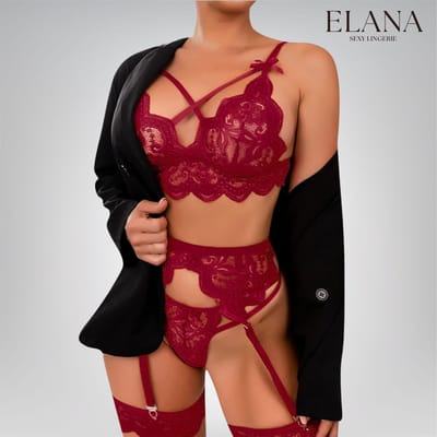 Elana Sorina – Luxe Kant Lingerie Set met Bh, String & Jarretels – Verleidelijke Dames Lingerie – M – Donkerrood