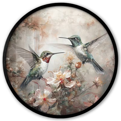 Poster in lijst Rond - Fotolijst 40x40 cm - Posters - Kolibrie - Vogels - Bloemen - Planten - Ronde posterlijst zwart - Decoratie - Wanddecoratie woonkamer - Muurdecoratie slaapkamer