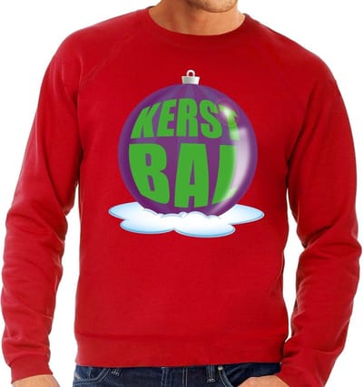 Foute kersttrui kerstbal paars op rode sweater voor heren - kersttruien S