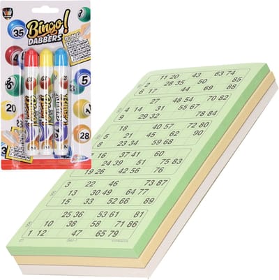 600x Bingokaarten nummers 1-90 inclusief 3x bingo stiften blauw/geel/rood