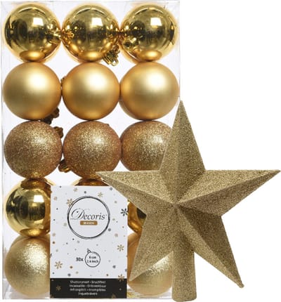 Kerstballen - 30x stuks - incl. ster piek - goud - kunststof
