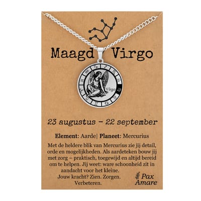 Maagd / Virgo Sterrenbeeld Ketting op Cadeau Kaartje - Zilverkleurig - RVS - Spiritueel Cadeau - 60cm - Pax Amare