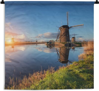 Wandkleed - Wanddoek - Windmolen - Water - Zon - 180x180 cm - Wandtapijt