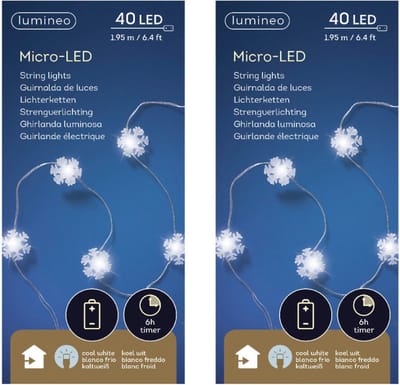 Lumineo Sneeuwvlokken lichtsnoer - 2x - wit - 40 led lampjes - 195 cm - timer - batterij - sneeuw/kerstverlichting