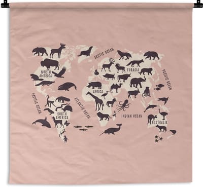 Wandkleed - Wereldkaart Kinderen - Roze - Dieren - 120x120 cm - Wandtapijt