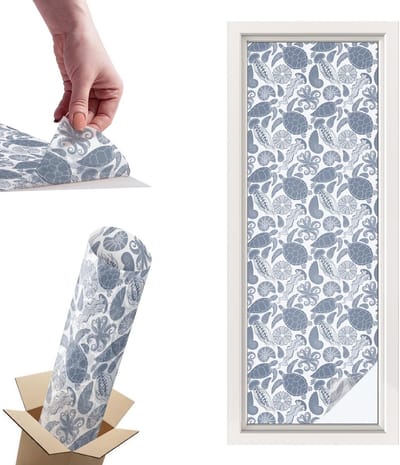 Tulup Raamfolie Anti inkijk - Oceaanleven Privacy Folie Raam - 50x146 cm - Blauw Anti inkijk Folie - Raamfolie Tegen inkijk Glas in Lood - Voor de badkamer, slaapkamer, hal - Raamfolie Zonwering