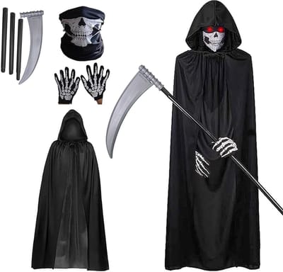 Vierdelige Halloween Cosplay Kostuum voor Mannen met Zwarte Cape - Grim Reaper Outfit voor Feest en Verkleedpartij