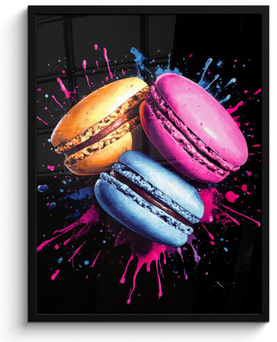 Poster in lijst - Fotolijst 50x70 cm - Posters - Macarons - Dessert - Graffiti - Kleurrijk - Roze - Blauw - Geel - Posterlijst zwart - Decoratie - Wanddecoratie woonkamer - Muurdecoratie slaapkamer