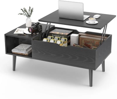HomeGoodies - Lift top salontafel – Verstelbaar liftblad met verborgen opbergruimte – Open vakken – 100 x 50 cm – Zwart hout