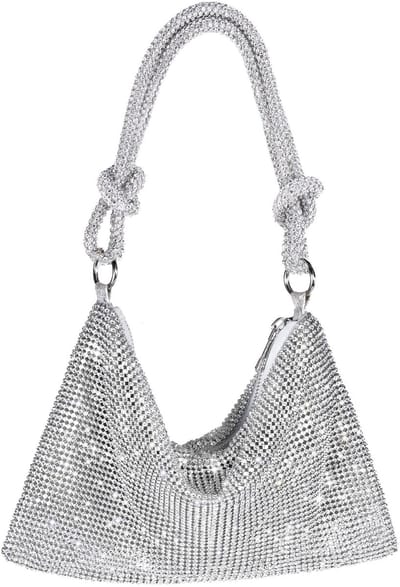 Ynkkvre - Dames Avondtas - Handtas - Glitter Clutch - Metallic Clutch - Sparkle Mini Tas - Volledig met Strassstenen Bedekt - Verstelbare Schouderband met Knoopdetails - Ruim Binnenwerk met ID-/Creditcardvakken - Luxe Zacht Katoenen Voering - Zilver