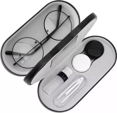 Tweedelige brillenkoker | Lenzen doosje en brillenkoker in één | Inclusief lenzenbakje en applicators | Zwart | Contact travel case