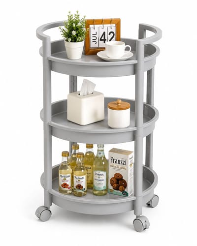 Van coos&aar | Roterende opbergrek - 3 Laags opbergrek met wielen - Grijs -180° Draaibaar - Voor Keuken, Woonkamer & Badkamer