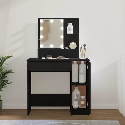 Kaptafel met LED Spiegel en Opbergruimte - Kaptafelset Zwart