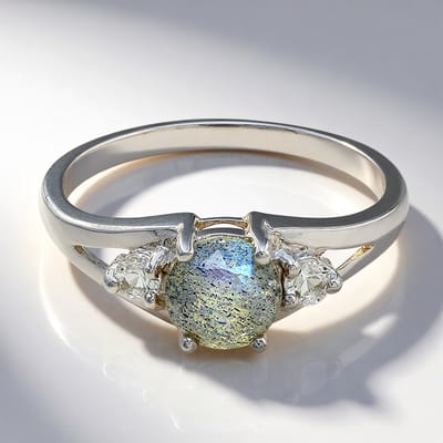 Cavill - Zilveren Ring - 925 Sterling Zilver - Spectroliet 0,72ct & Witte Topaas 0,157ct - Elegante Damesring - Rond Prong Zetting - Maat 17
