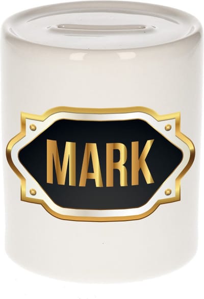 Spaarpot met voornaam Mark - wit - met goud/zwart embleem - 8 x 9 cm - keramiek - met afsluitdop - cadeau verjaardag