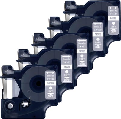 DULA Dymo D1 45810 - S0720900 - Compatible label tape - 5 lettertapes - Wit op transparant - 19mm x 7m