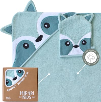 SnelShoppen - MIRARI Kids Capuchonhanddoek voor baby's 100x100 cm met washandje, biologische katoen, zachte badhanddoek met wasbeermotief voor pasgebo