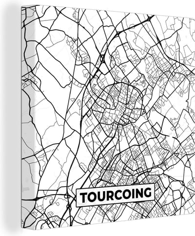 Canvas Schilderij Stadskaart - Tourcoing - Plattegrond - Kaart - Frankrijk - Zwart wit - 20x20 cm - Wanddecoratie