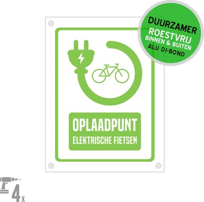 Pictogram/ bord Dibond + boorgaten | "Oplaadpunt elektrische fietsen" | 27 x 36 cm | E-bike | Duurzaam | Laadpunt | Opladen | Roestvrij | 1 stuk