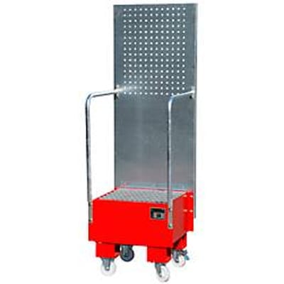 Verrijdbare lekbak met geperforeerde plaatwand, van staal, capaciteit 1 x 60 liter vat, rood