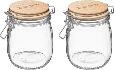 5Five Weckpot/voorraadpot - 2x stuks - 0,75L - glas - houten deksel en beugelsluiting - luchtdichte afsluiting