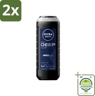 NIVEA MEN - Douchegel - Deep Clean 3-in-1 - 500 ml - Voordeelverpakking - 2 stuks - Diepe reiniging - Microklei