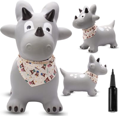 sun baby - Springdier met pomp vanaaf 1 jaar - Dinosaurus - grijs - max 50kg, duurzaam rubber, gecertificeerd, bpa-vrij, springpaard, springhond