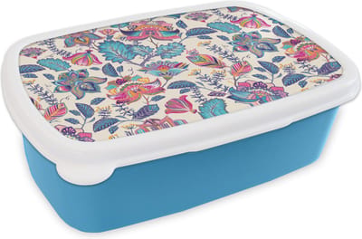 Broodtrommel Blauw - Lunchbox - Brooddoos - Regenboog - Bloemen - Schets - Patronen - 18x12x6 cm - Kinderen - Jongen