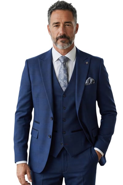 Marineblauw driedelig pak met ruitpatroon voor heren, getailleerd, formeel pak - MARK