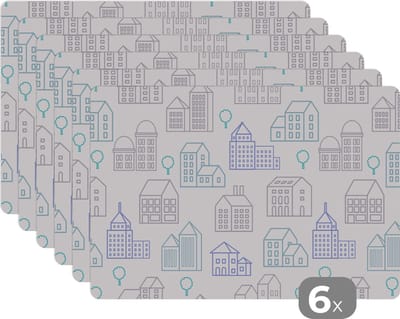 Placemat - Placemats kunststof - Skyline - Patronen - Huis - 45x30 cm - 6 stuks - Hittebestendig - Anti-Slip - Onderlegger - Afneembaar