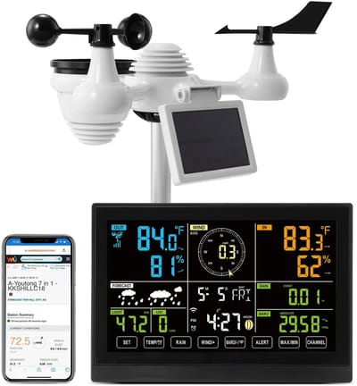 Innovastore Weerstation - 7-in-1 weercentrum - Buitensensor windsnelheid - Zonne-energie - 7.5 inch display - WIFI weerstation