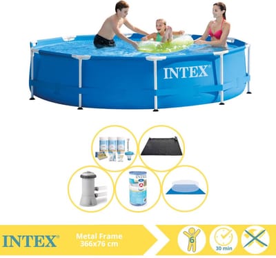 Intex Rond Frame Zwembad - 366 x 76 cm - Blauw - Inclusief Pomp - Onderhoudspakket - Filter - Grondzeil - Solar Mat - 6-delig