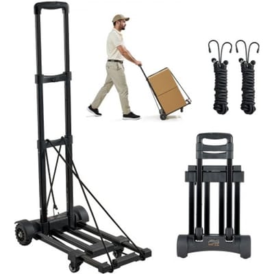 VEVOR Opvouwbare steekwagen, laadvermogen 131,5 kg, transportkar met 4 wielen, 2 elastische touwen en uitschuifbare basis, transportkar voor luchthaven, bagage, kantoorverhuizingen, zwart, 530 x 320 x 970 mm