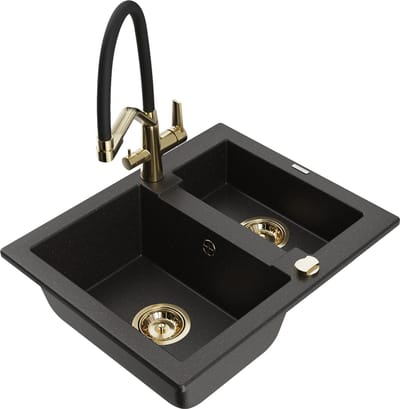 Mexen Carlos granieten gootsteen 1,5-komor met keukenkraan Duo, zwart/goud metallic - 6518-75-671701-57-G