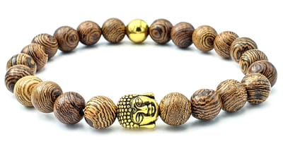 Kralenarmband met houten kralen en goudkleurige boedha - 19 cm