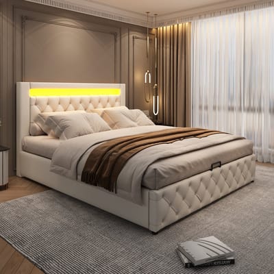 SINGULARITY-Gestoffeerd bed 160 x 200 cm- functioneel bed met lattenbodem en opbergruimte- met ledverlichting- met opbergfunctie- wit- PU- ​​Zonder matras