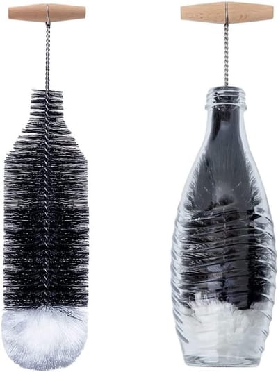 Flessenborstel met 90° Houten Handgreep – 34*9 cm – Nylon – Krasvrij & Duurzaam – Voor Glazen Flessen & Karaffen-1 stuk