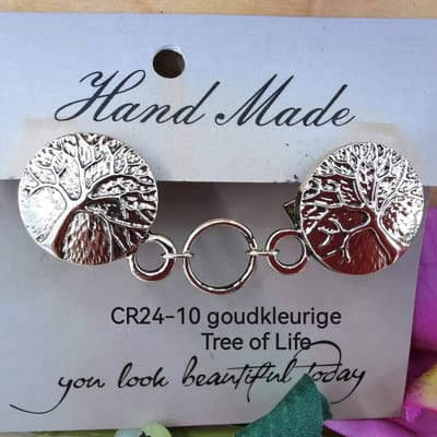 Vestsluiting - clip - Tree of Life en - ring in midden - voor - vest - Gehaakt omslagdoek - sjaal - antiek goudkleurig.