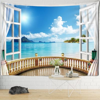 Zonsondergang Kust Raam Landschap Schilderij Wandtapijt Muurhanger Boho Hippie Kunst Tapiz Esthetiek Kamer Decor 150X130 CM